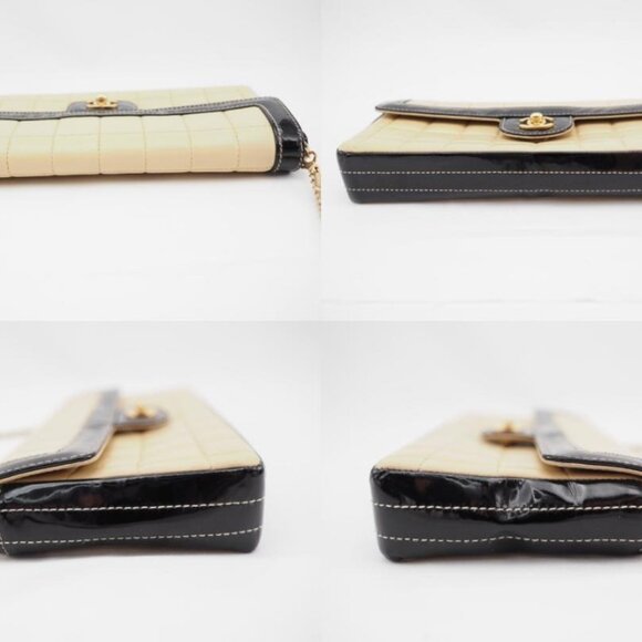 Authentic CHANEL CC Lambskin Patent Chocolate Bar Flap Bag Chain Beige Black - Picture 13 of 14